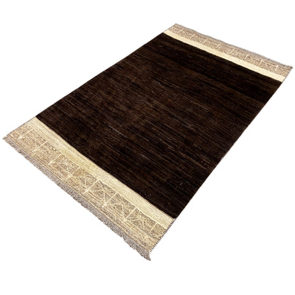 Dark brown half-pile rug with a beige border and an even striped texture