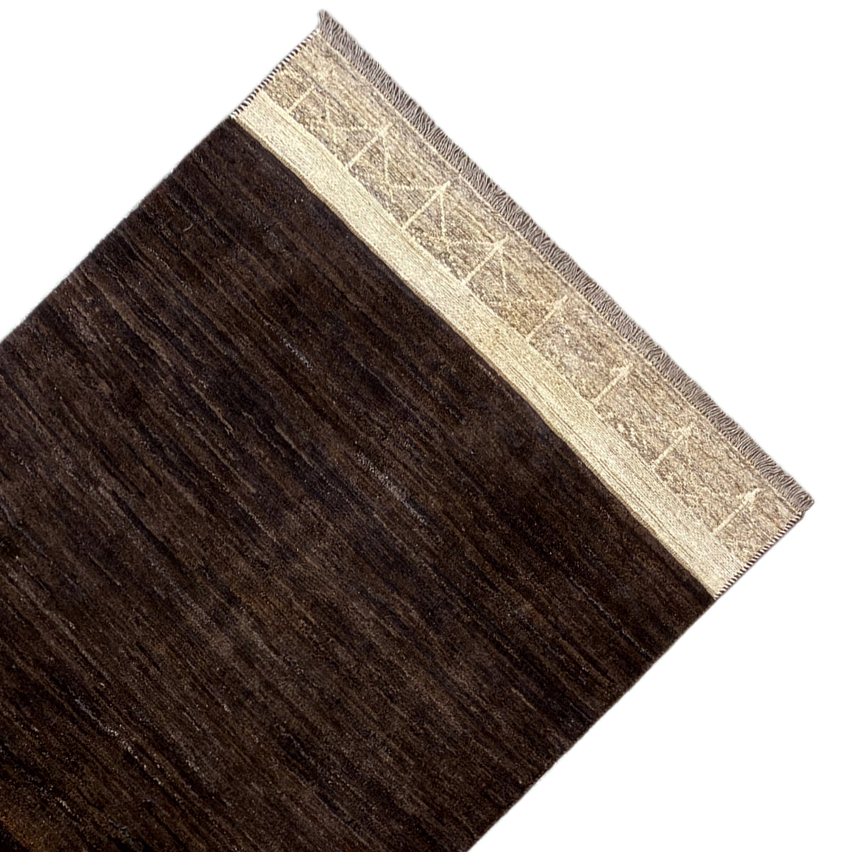Corner Nimbaft rug, dark brown with a beige border and geometric decorative lines