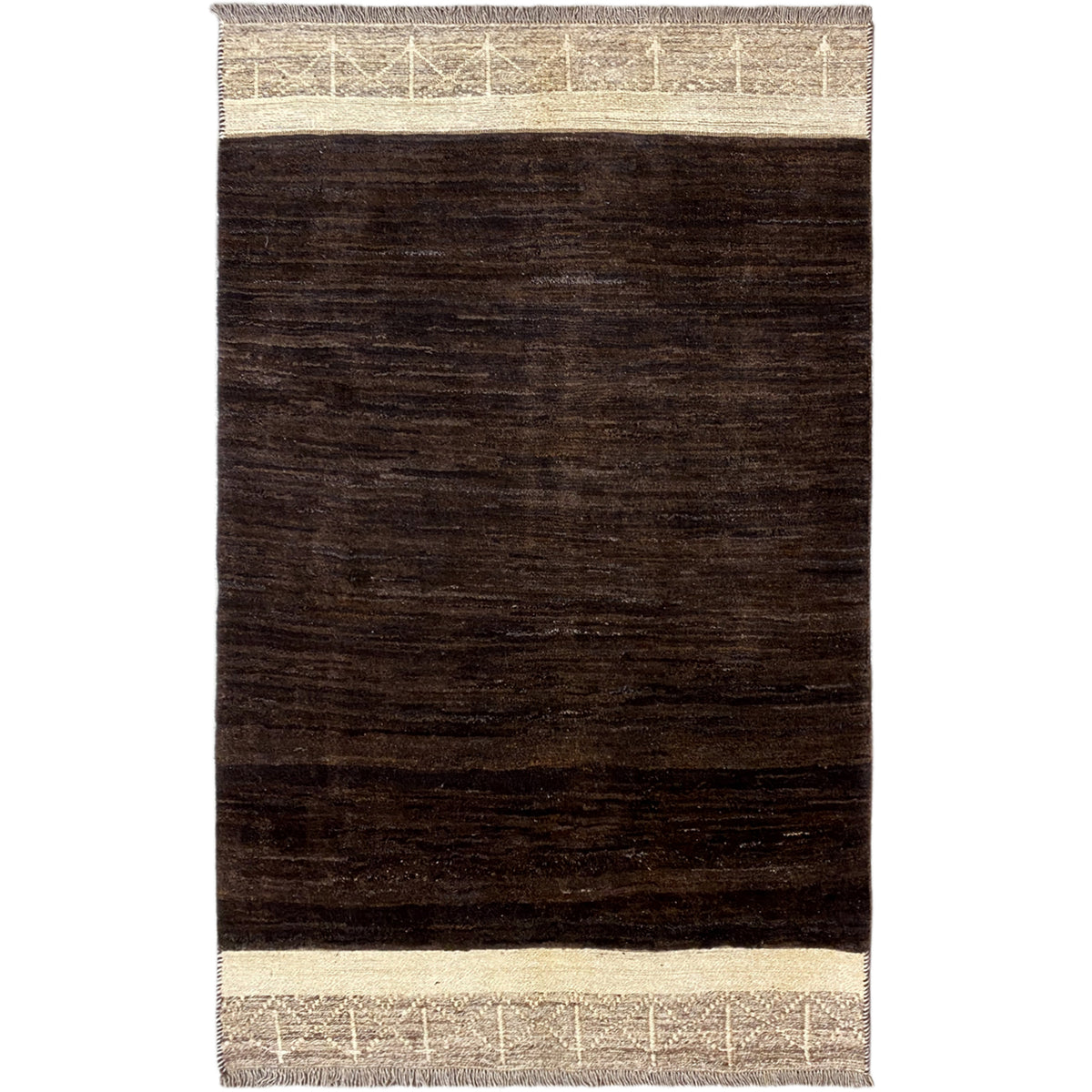 Dark brown Nimbaft rug with a beige decorative border and fine linear pattern, rectangular