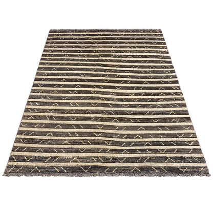Rectangular rug with a horizontal striped pattern in brown and dark gray, fringed