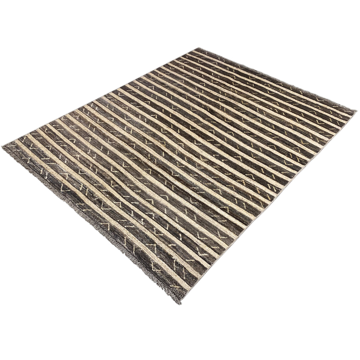 Rug shown at a diagonal angle with a brown and dark striped pattern, fringes visible