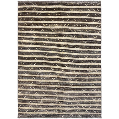 Rectangular rug with a brown-black striped pattern and triangles, with fringes