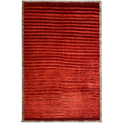 Handwoven carpet 227x165 cm, red striped carpet with a beige border