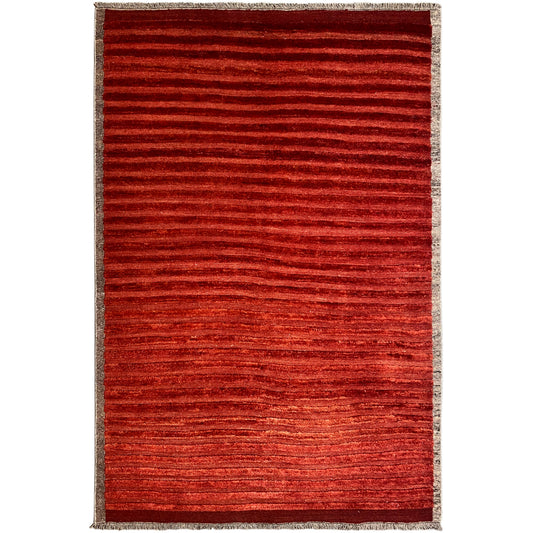 Handwoven carpet 227x165 cm, red striped carpet with a beige border