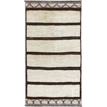 Handwoven rug 161x92 cm with beige areas and brown stripes, hemmed