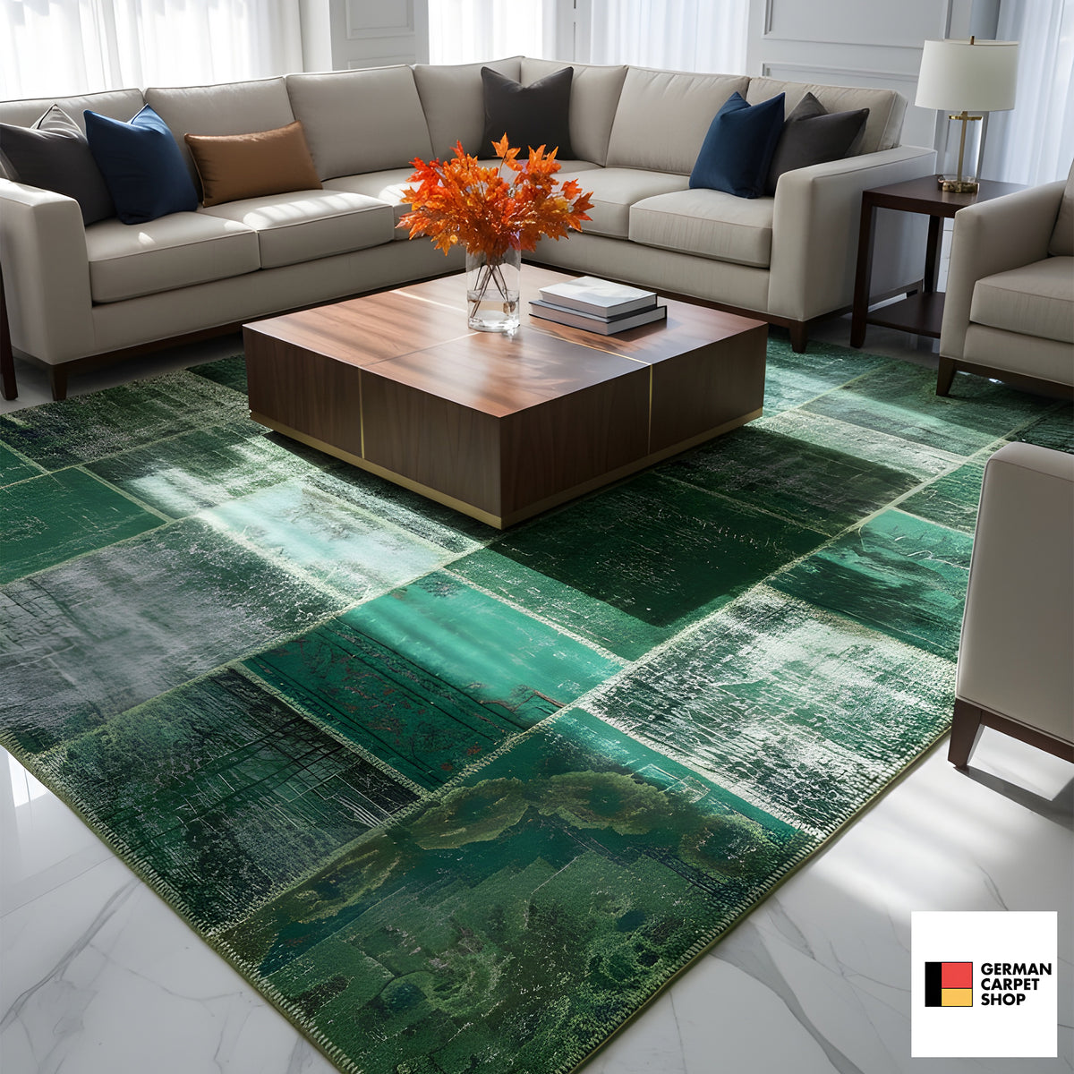 Patchwork rug with a green patchwork pattern and large-scale vintage elements
