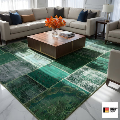 Patchwork rug with a green patchwork pattern and large-scale vintage elements