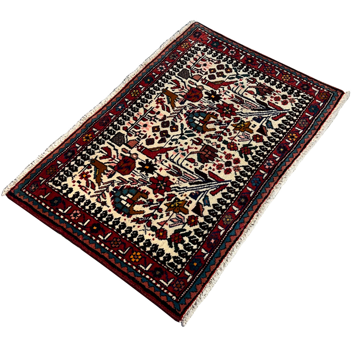 Poshti rug at an angle, cream background with colorful figures and a border
