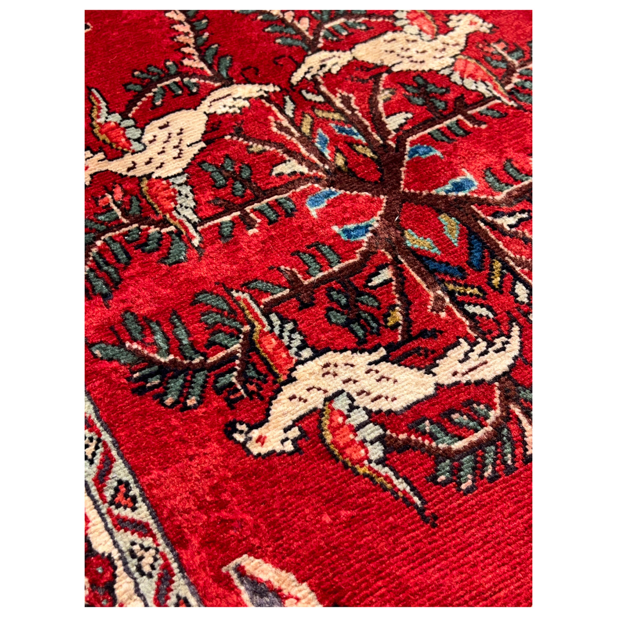 Close-up of a red carpet pattern with animals, blossoms, vines, and bold colors