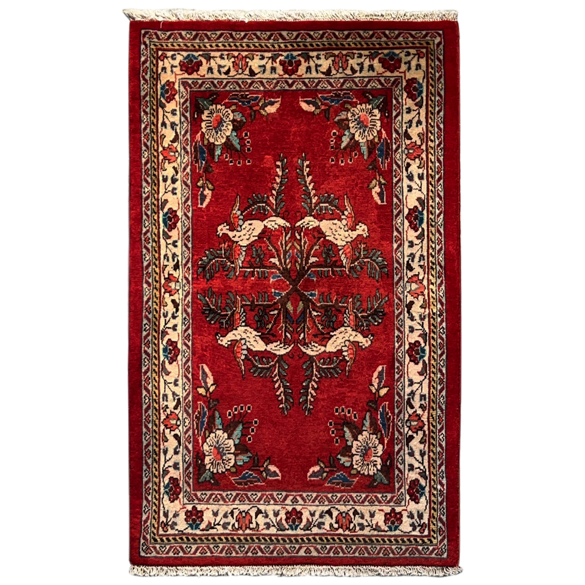 Red Poshti rug (102x62 cm) with border and oriental pattern, fringes
