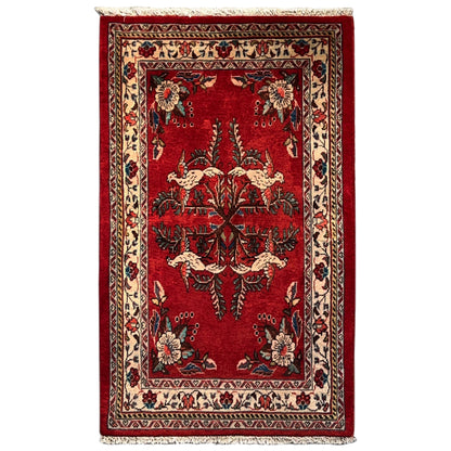 Red Poshti rug (102x62 cm) with border and oriental pattern, fringes