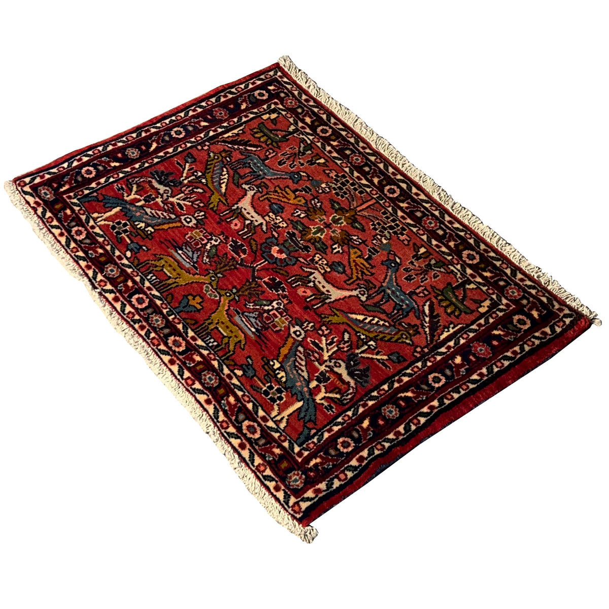 Red Poshti rug with a geometric border, multicolored motifs, and fringes