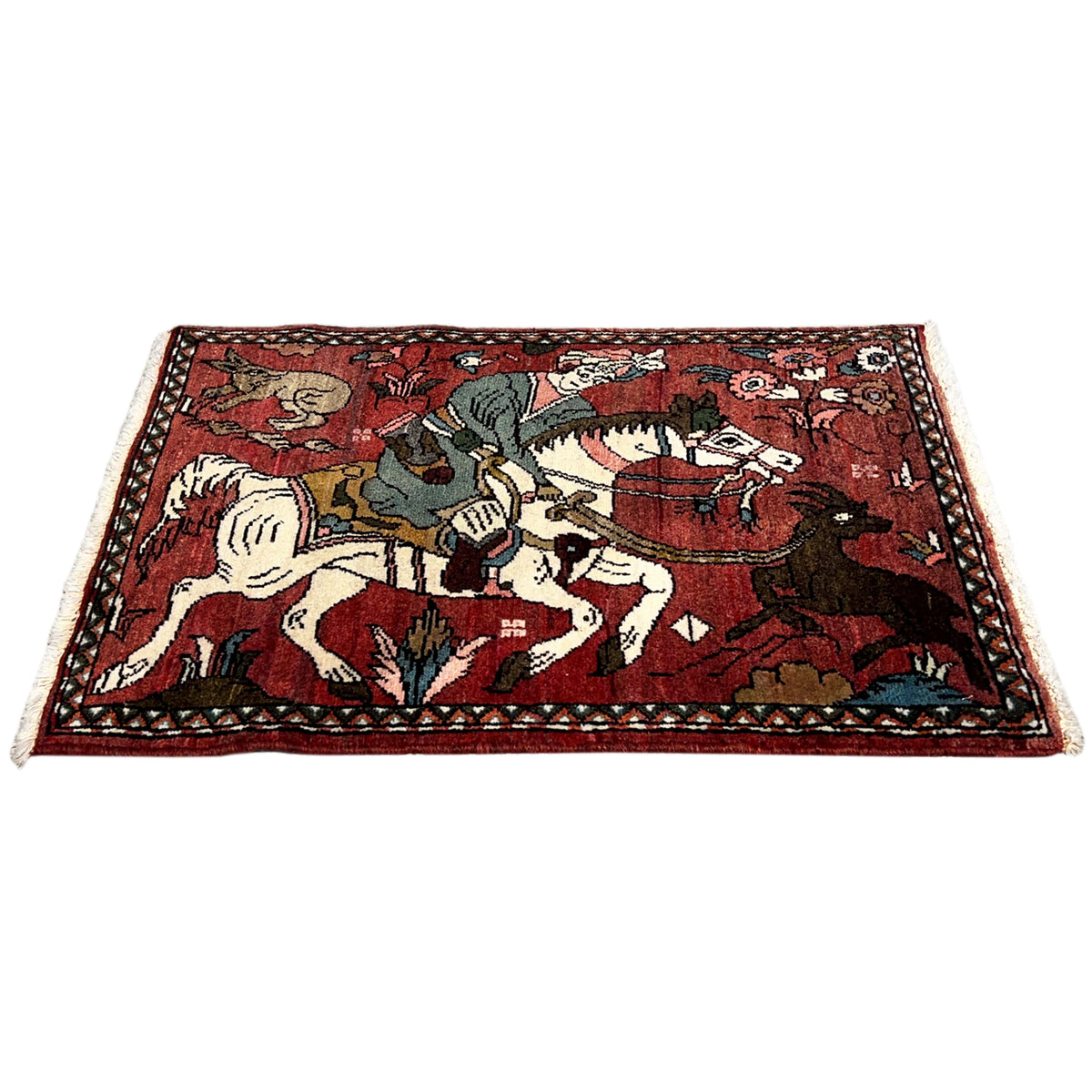 Red Hamedan rug with a figurative design, decorative borders, and outlined corner points