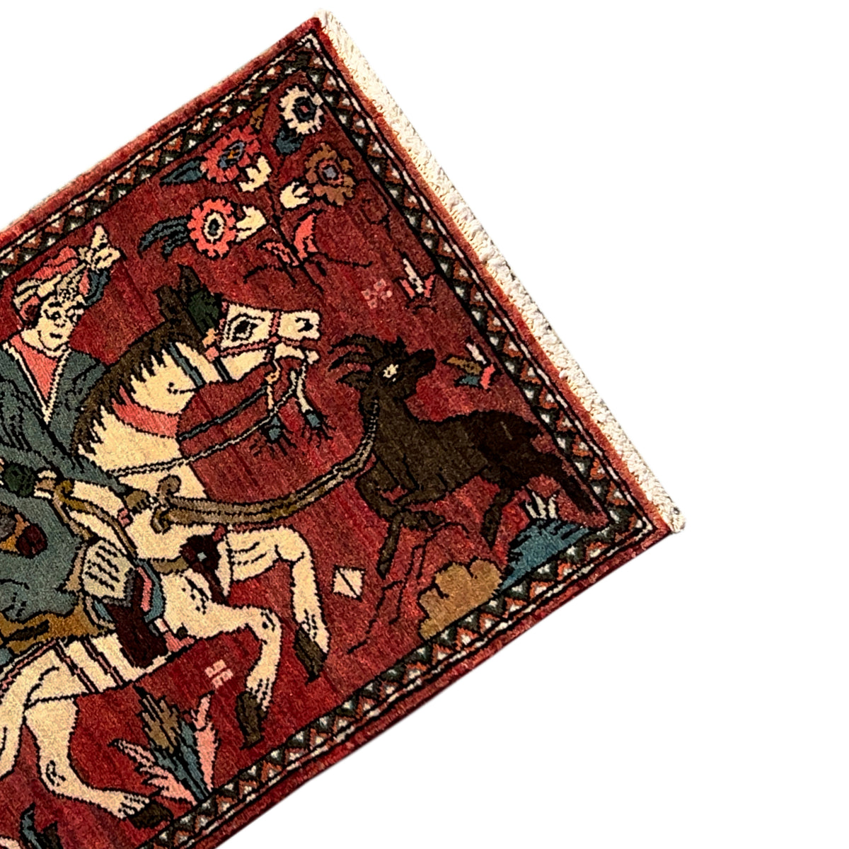 Detail view: Hamedan rug with figures, floral motifs, and a dark decorative border