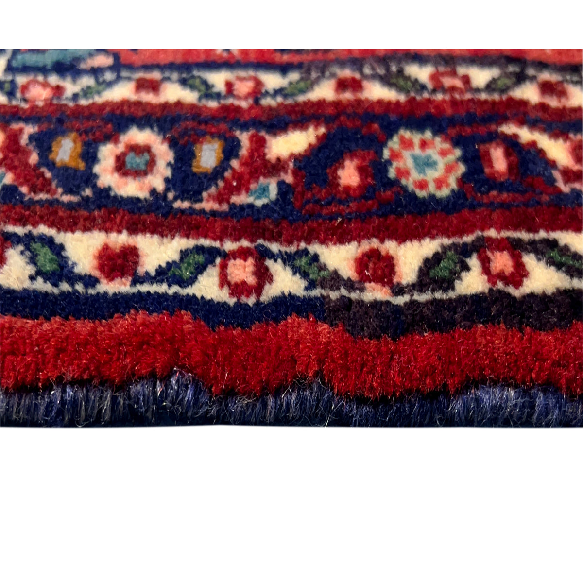 Flat-pile Poshti rug with a colorful decorative stripe and red-and-blue border