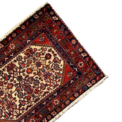 Corner of a rug with a red background, detailed border pattern, and light-colored fringes