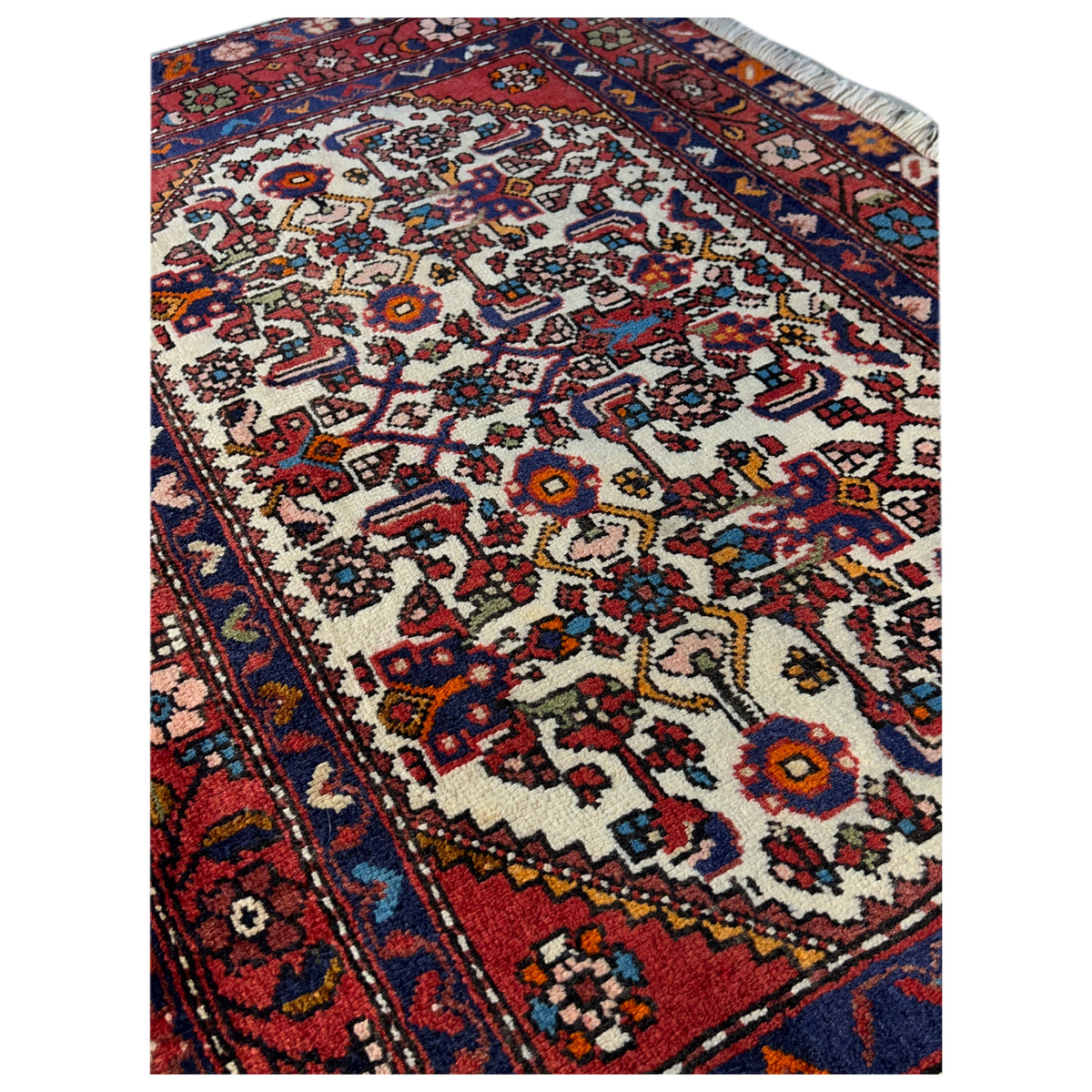 Close-up of a rug with a white central motif, red and blue ornaments, and fringes