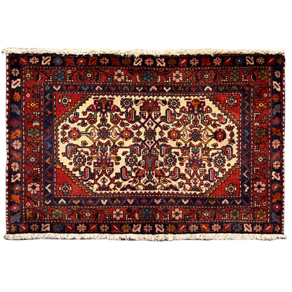 Red Poshti rug with an ornamental pattern, dark border, and light-colored fringes