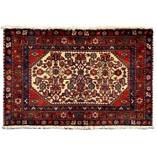 Red Poshti rug with an ornamental pattern, dark border, and light-colored fringes