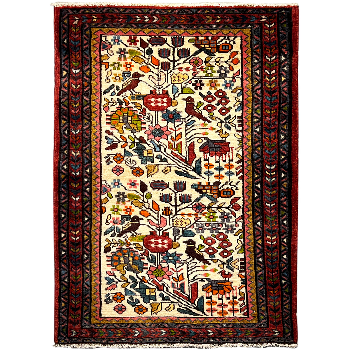 Colorful Poshti rug with embroidered pattern in cream, red, blue and yellow, 99x68 cm