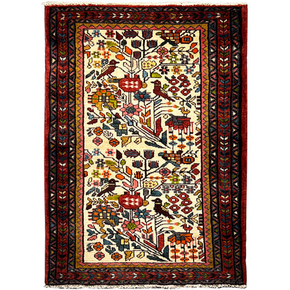 Colorful Poshti rug with embroidered pattern in cream, red, blue and yellow, 99x68 cm