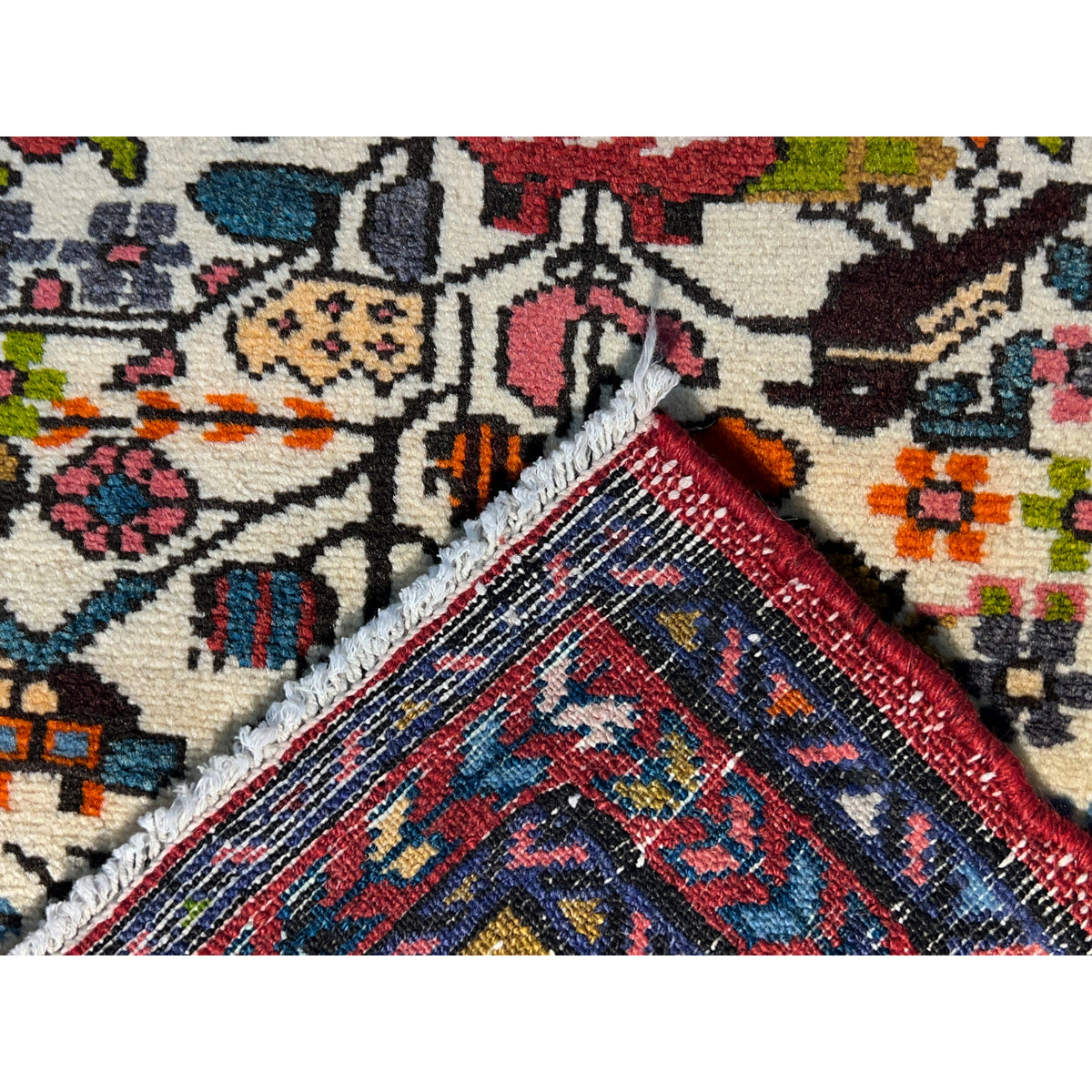 Carpet detail: double edge and binding in red and blue, with patterned pile