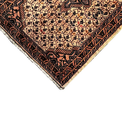Close-up of the corner: beige Poshti rug with an embossed border and fringed edge