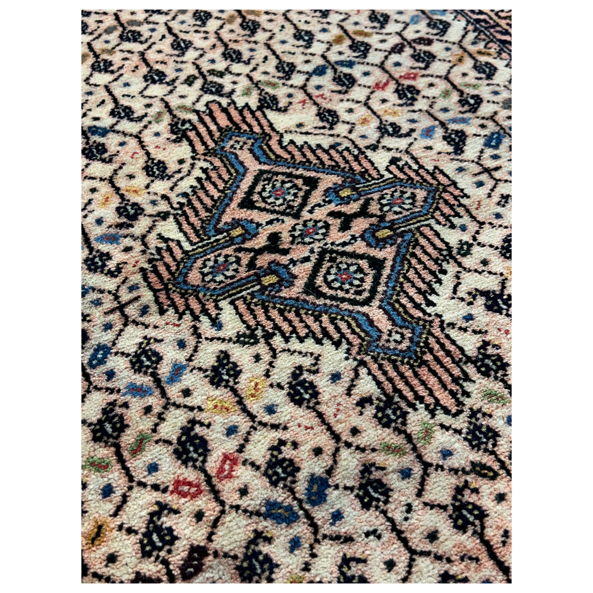 Detailed view: Beige Poshti rug with blue and red accents in the pattern