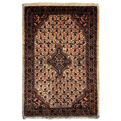 Beige Poshti rug with a dark medallion design and borders, rectangular, 92x61 cm