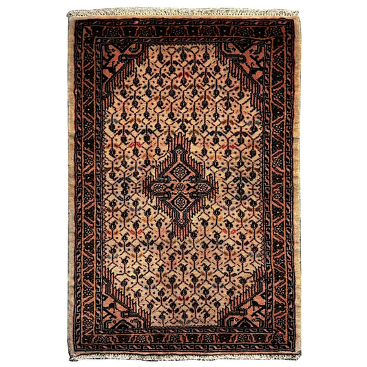 Beige Poshti rug with a dark medallion design and borders, rectangular, 92x61 cm