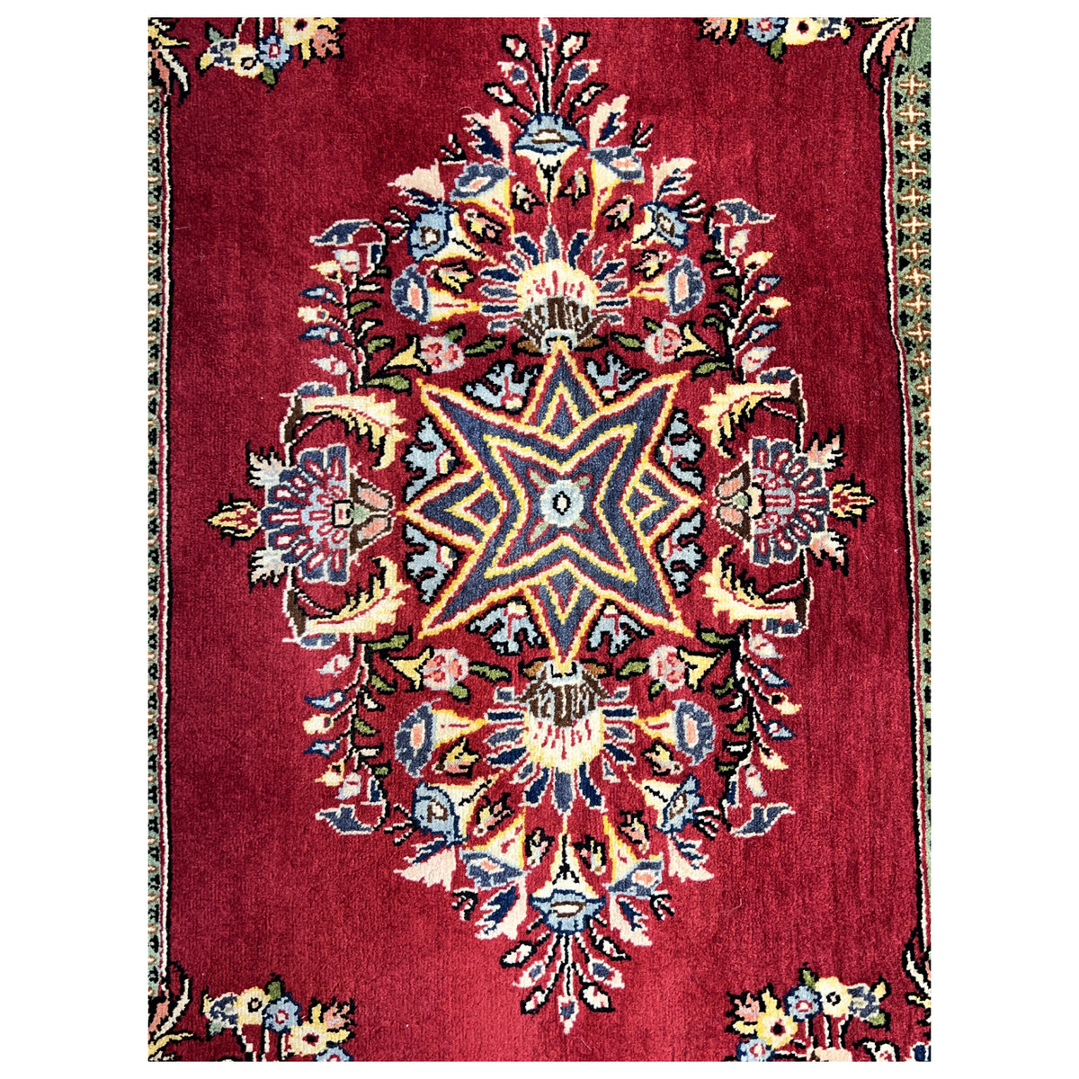 Red Poshti rug with an ornamental floral and star pattern, 93x66 cm