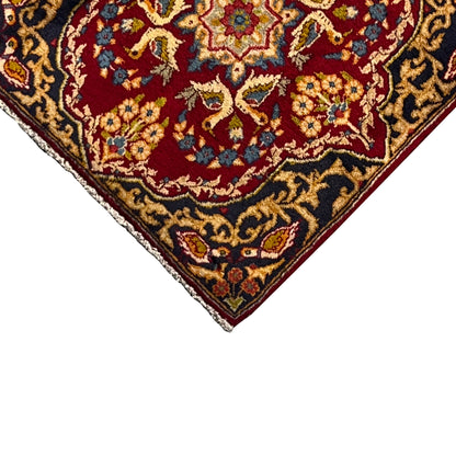 Carpet detail view: red field with blue-and-gold patterns, dark border, fringes