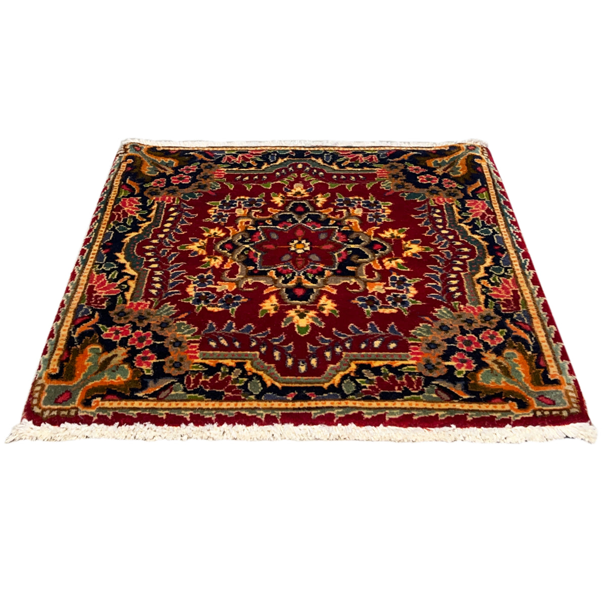 Red Oriental rug with an ornamental border, multicolored motifs, and a flat-woven edge