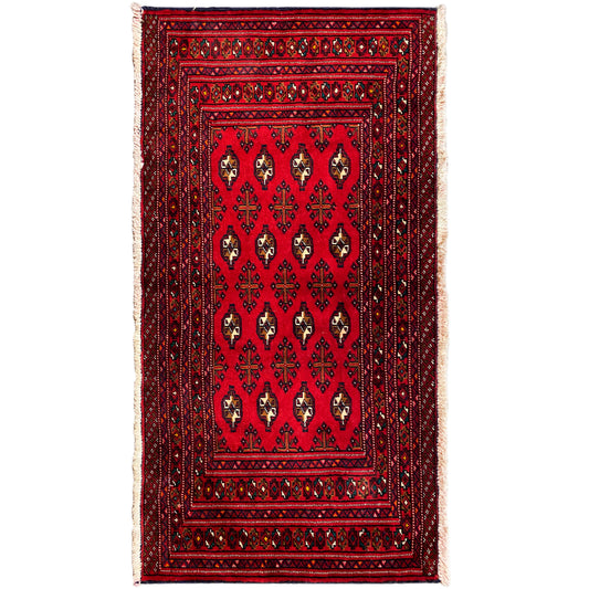 Turkmen Teppich, rot mit Rahmenbordüre und Medaillonmustern, oben und unten mit Fransen