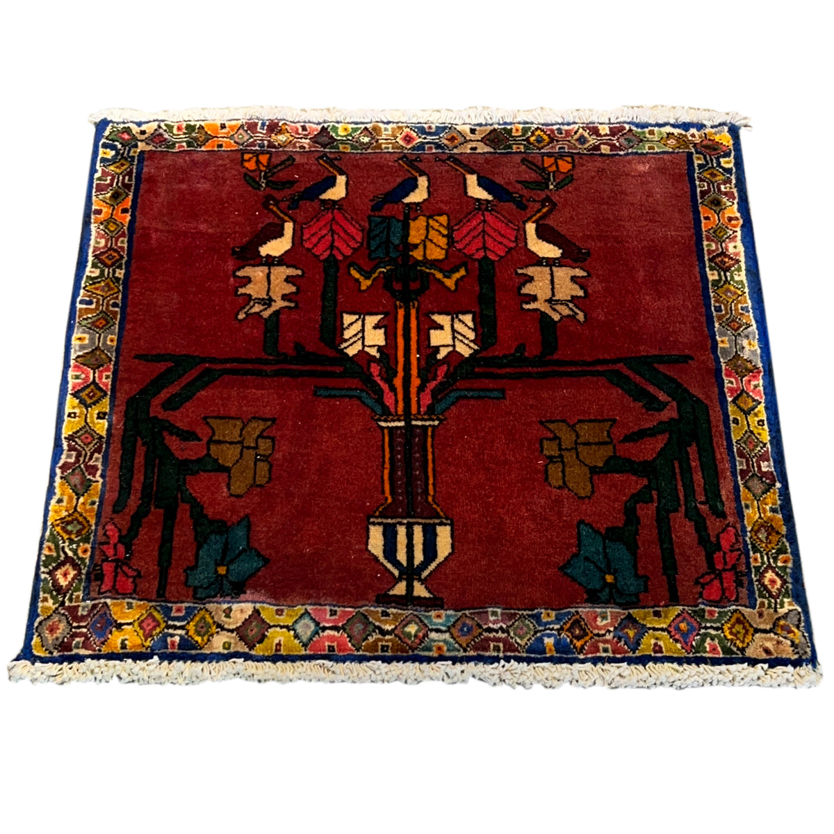 Rug with a red base and blue border, oriental pattern with a central medallion, fringe