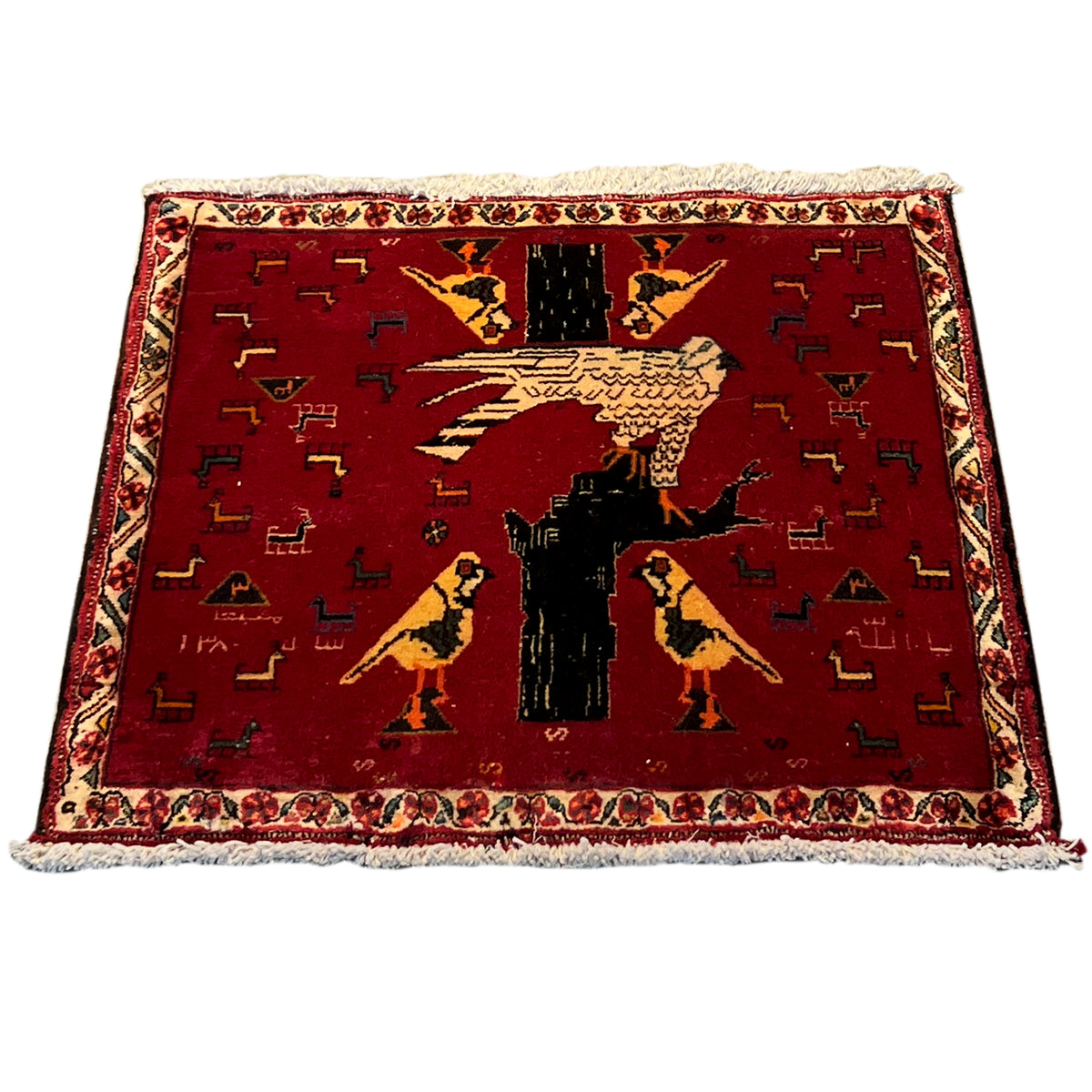 Red Poshti rug (65x62 cm), rectangular, with a framed pattern and fringes