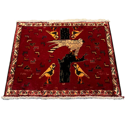 Red Poshti rug (65x62 cm), rectangular, with a framed pattern and fringes