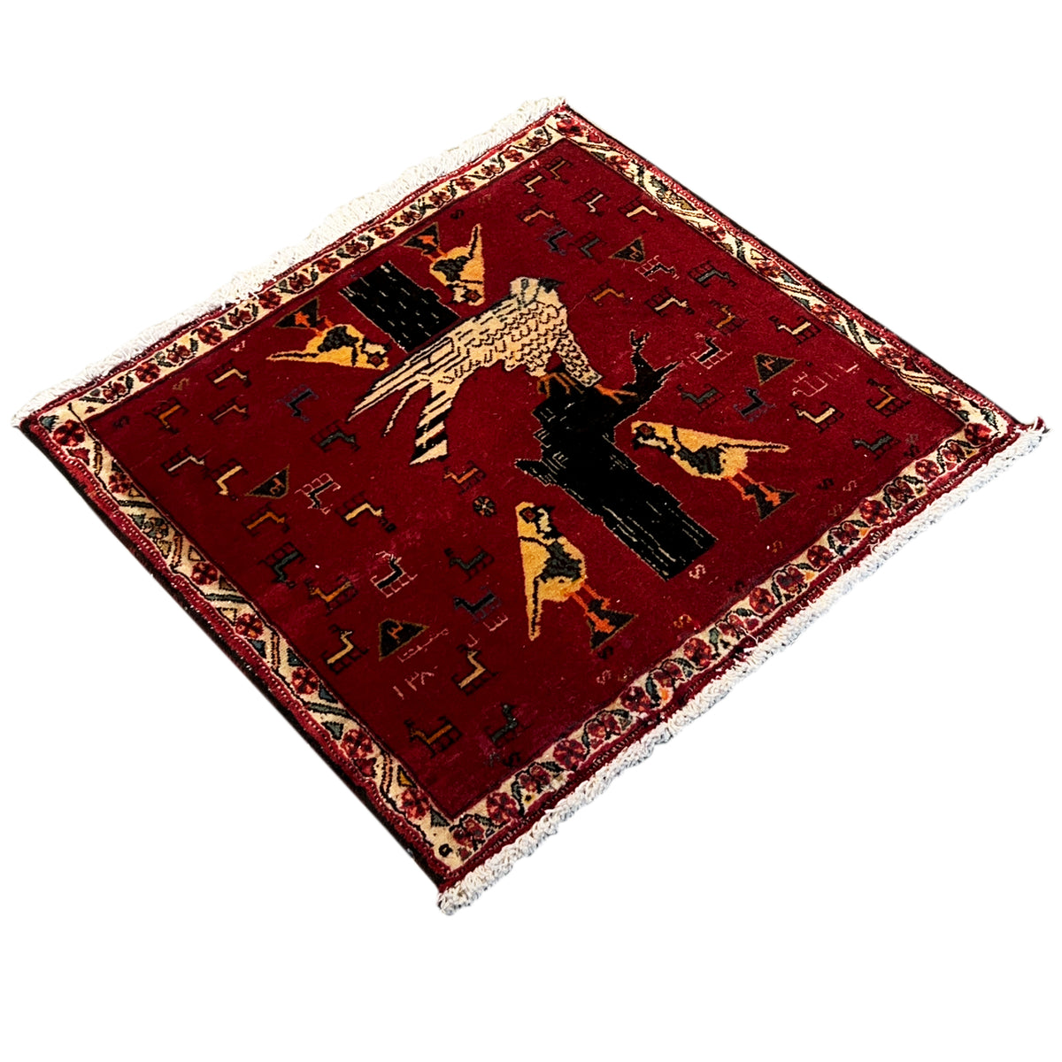 Red Poshti rug (65x62 cm), angled, with a border and jagged fringes