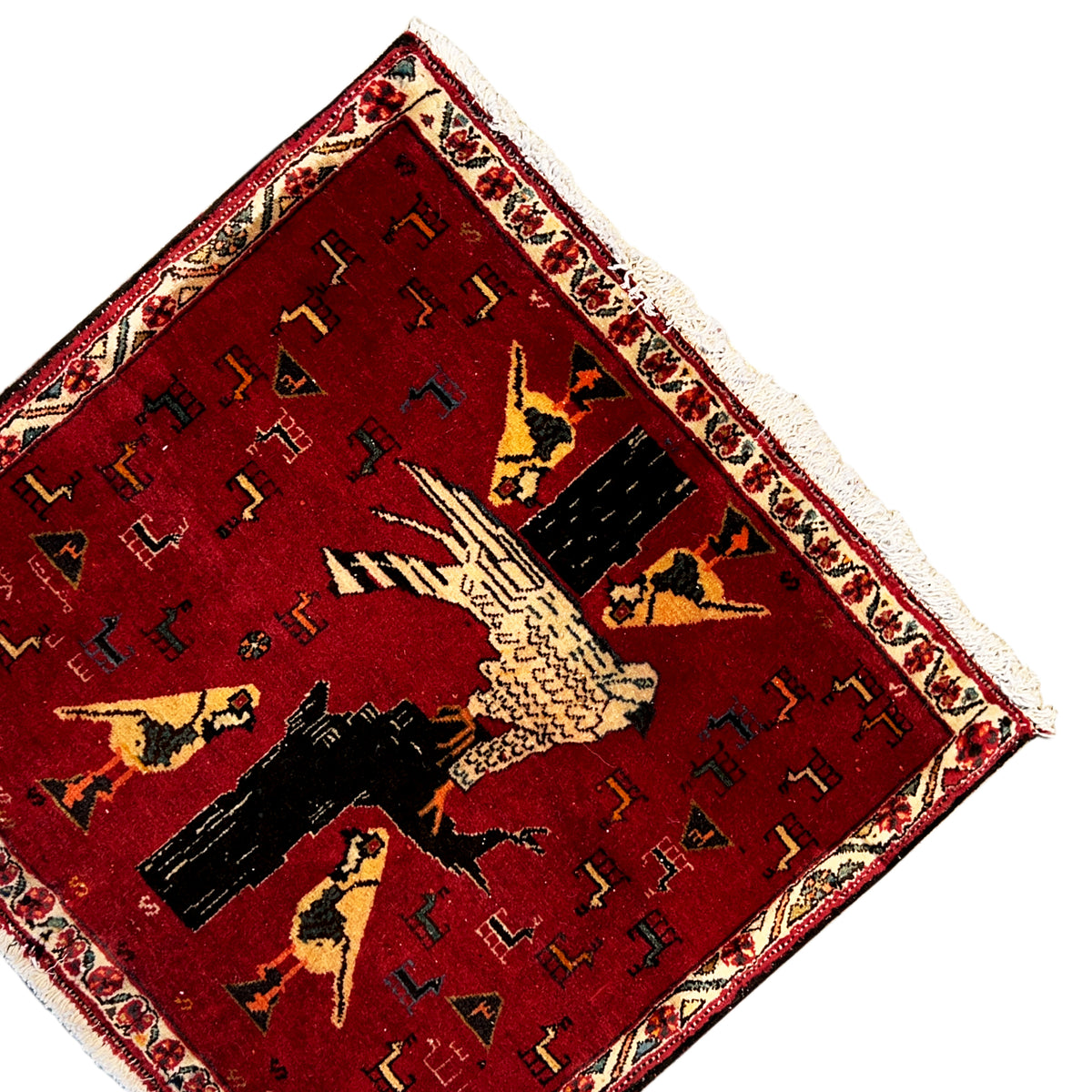 Red Poshti rug (65x62 cm) with light-colored borders and animal motifs in the corners