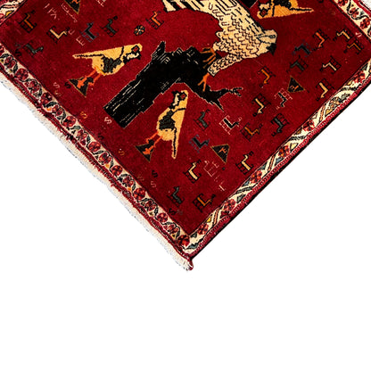 Red Poshti rug (65x62 cm), corner with border and central animal motif