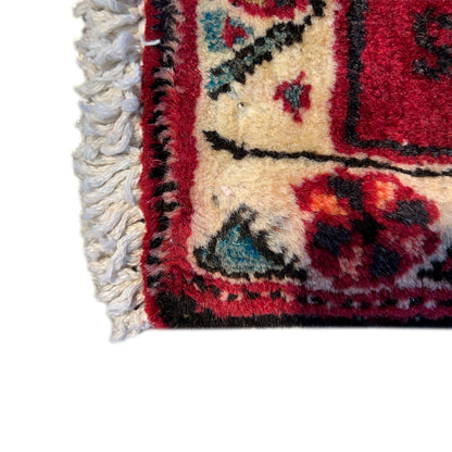 Edge detail with white fringes on the red Poshti rug and colorful border