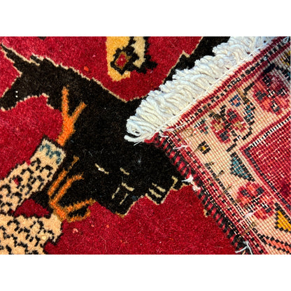 Fabric detail on the Poshti rug: red area, pattern lines, and fringes