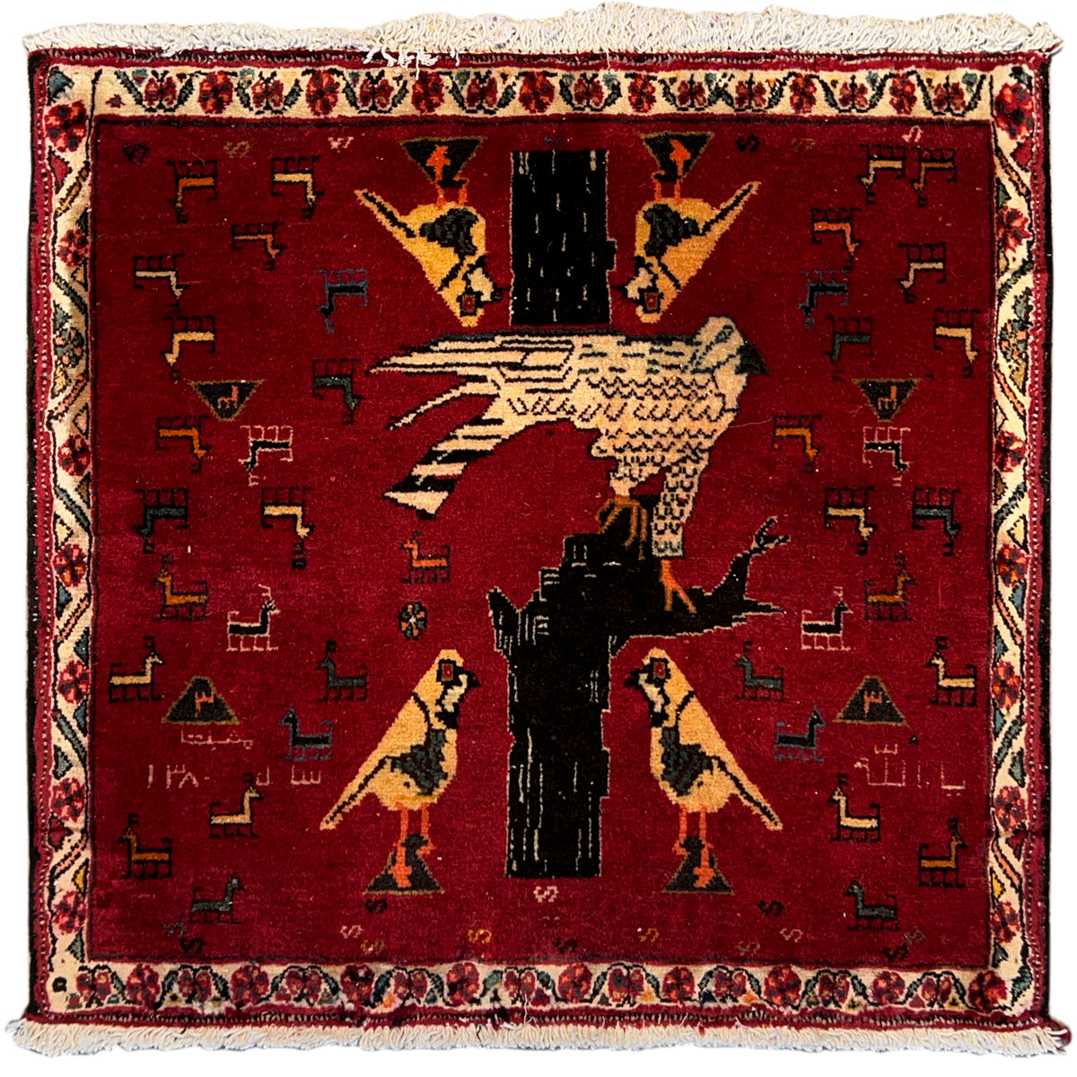 Red Poshti rug (65x62 cm) with animal and ornamental motifs