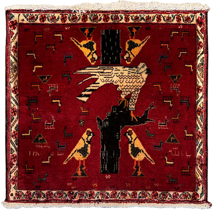 Red Poshti rug (65x62 cm) with animal and ornamental motifs