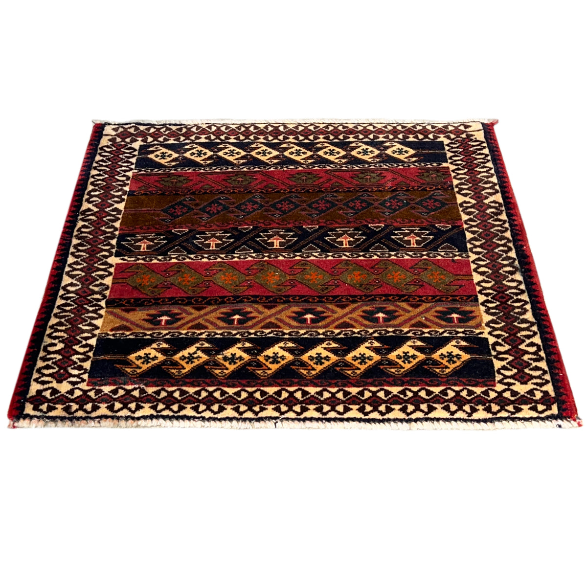 Colorful Poshti rug with a geometric striped pattern and border, rectangular