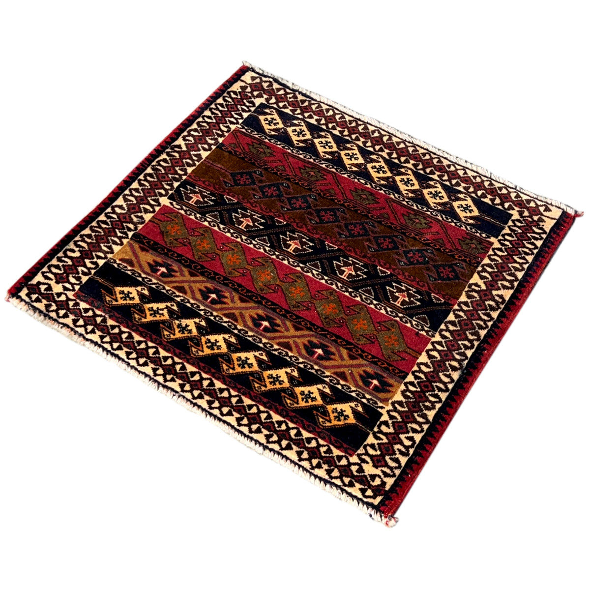 Rectangular Poshti rug with a multicolored zigzag and diamond pattern