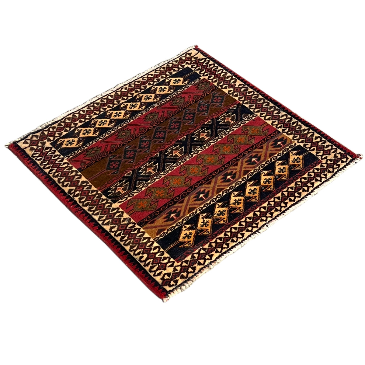 Poshti rug with geometric motifs in red, blue, yellow, and cream, rectangular