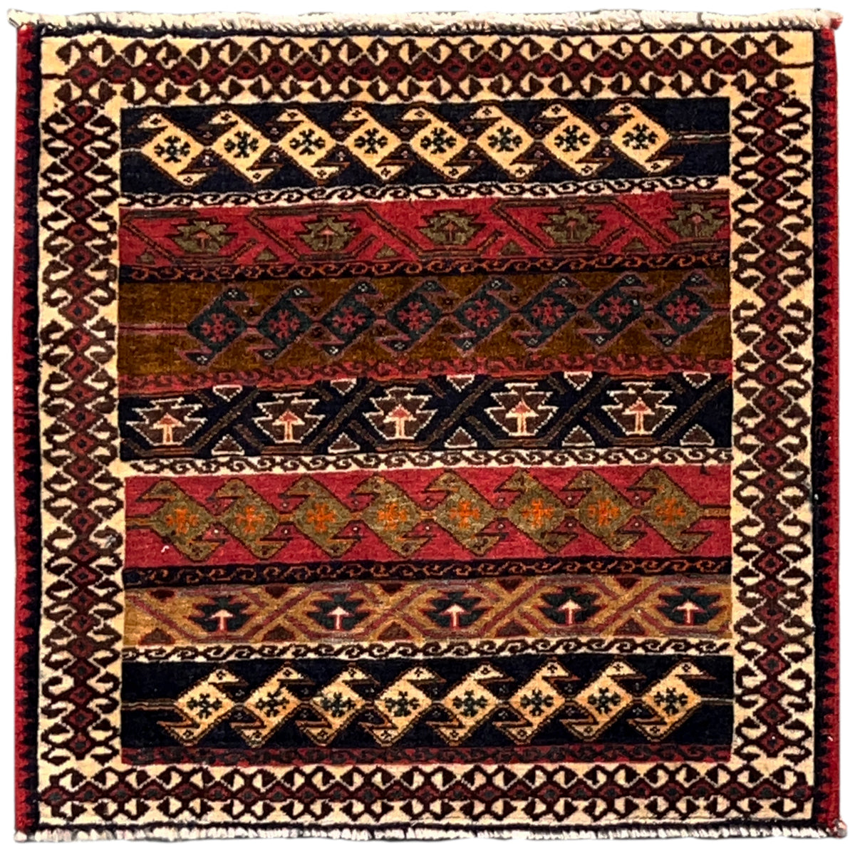 Colorful Poshti rug with geometric pattern and border, rectangular, 56x60 cm