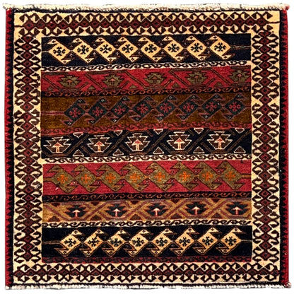 Colorful Poshti rug with geometric pattern and border, rectangular, 56x60 cm