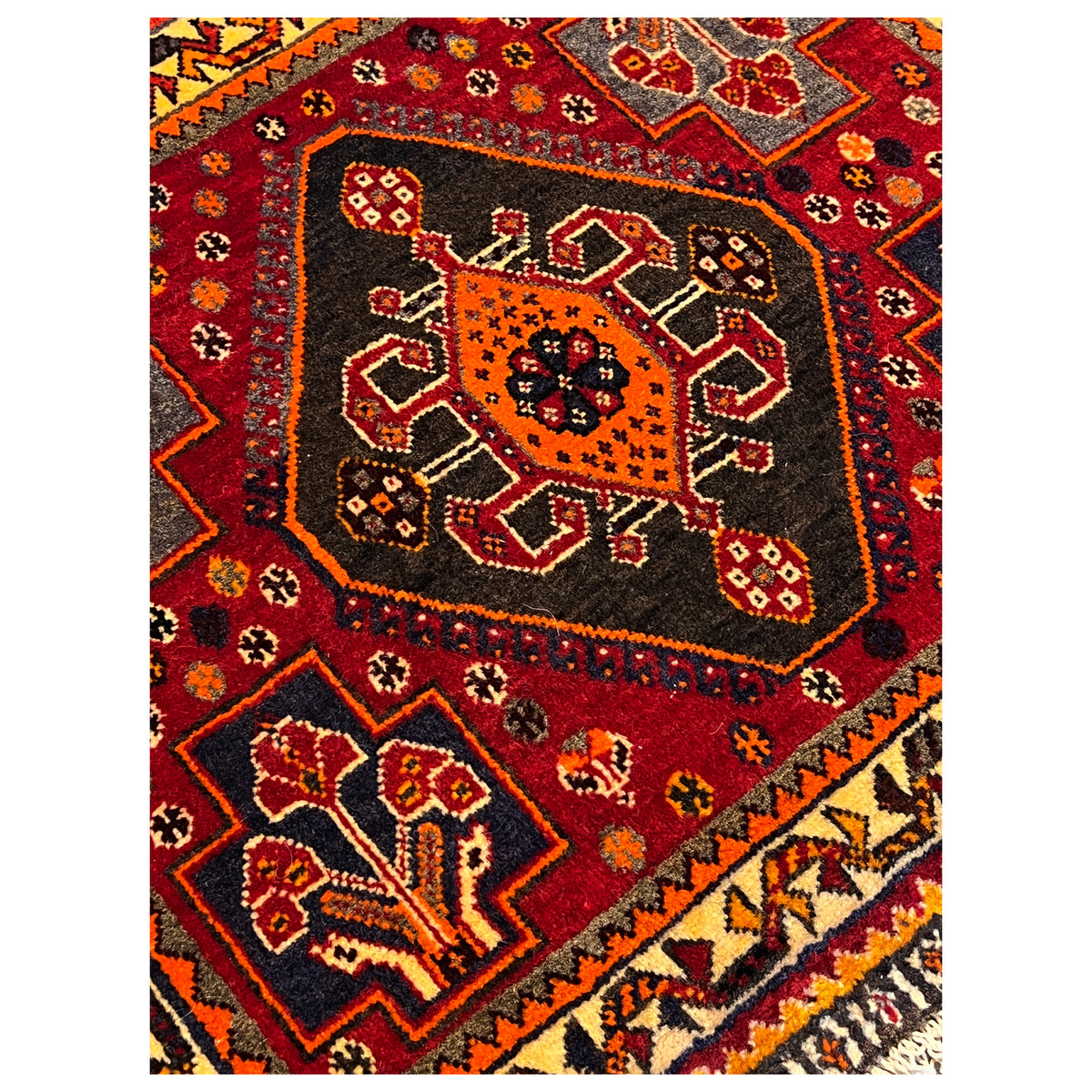 Carpet detail: red patterned field with stylized ornaments, black border, and decorative line
